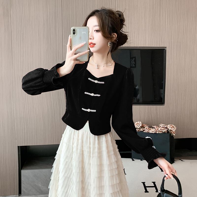 Real S 2025 Autumn New Chinese-Style Plate Buckle Small Fragrant Style Short Coat Fairy Beige Mesh Cake Skirt Women - Image 5