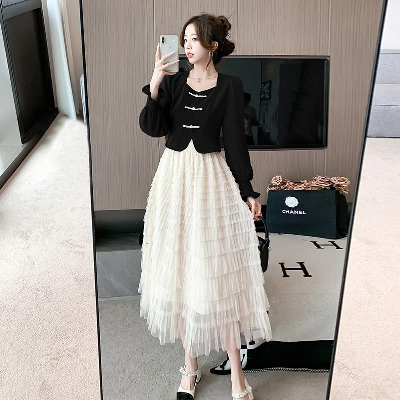 Real S 2025 Autumn New Chinese-Style Plate Buckle Small Fragrant Style Short Coat Fairy Beige Mesh Cake Skirt Women - Image 3