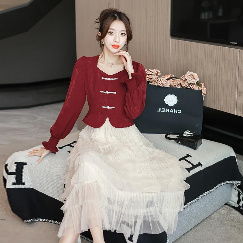 Real S 2025 Autumn New Chinese-Style Plate Buckle Small Fragrant Style Short Coat Fairy Beige Mesh Cake Skirt Women - Image 4