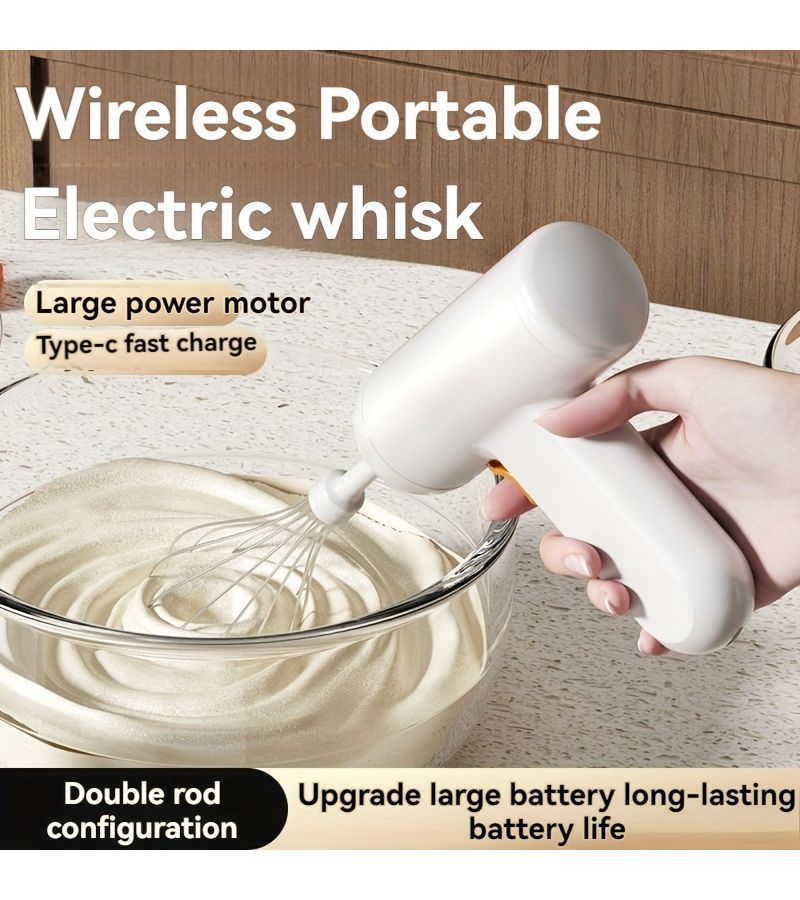 خوراق كهربائي يدوي أبيض للكيك وخفّاق بيض، يعمل بالبطارية، قابل للشحن عبر USB، محمول وخفيف الوزن، سهل الاستخدام، خفاق يدوي لخبز الكيك والمفن، مثالي للخبّازين المنزليين والمحترفين، يشمل خفاق ورأس خلط واحد. - Image 3