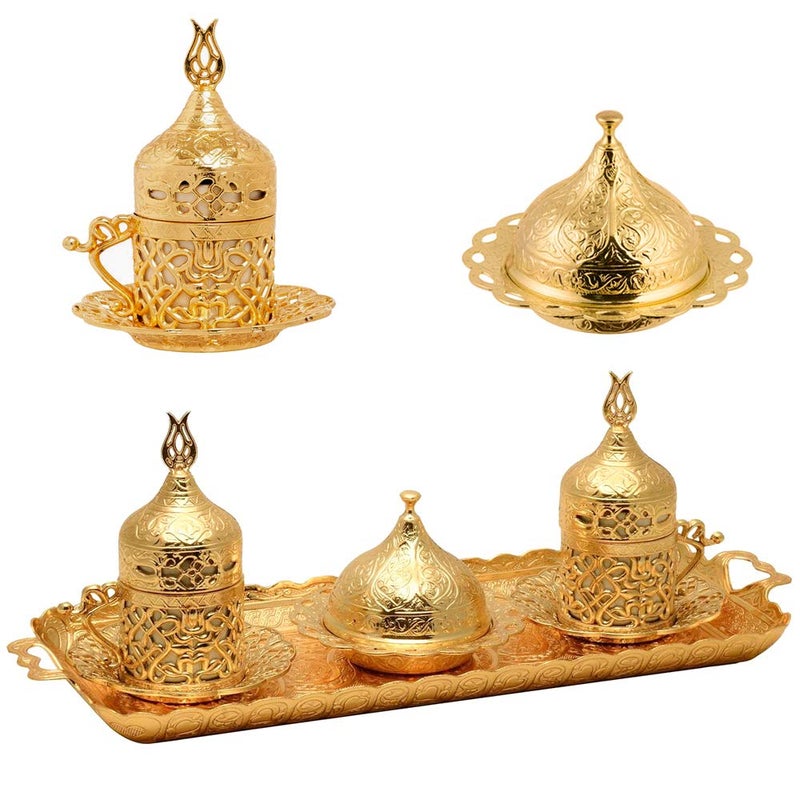 Alisveristime Turkish Coffee Set for Two  Authentic Ottoman Style Cups Saucers and Serving Tray with Lale Motifs Acur Gold