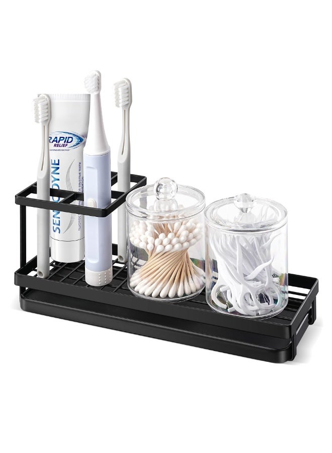 Toothbrush Holder for Bathroom, Metal Countertop Electric Toothbrush Holder with Toothpaste Slot and Cup Storage, Bathroom Accessories with Removable Drain Tray, Black - Image 1