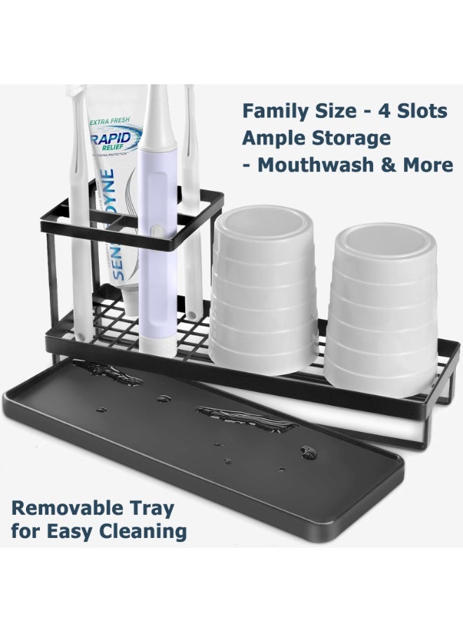 Toothbrush Holder for Bathroom, Metal Countertop Electric Toothbrush Holder with Toothpaste Slot and Cup Storage, Bathroom Accessories with Removable Drain Tray, Black - Image 2