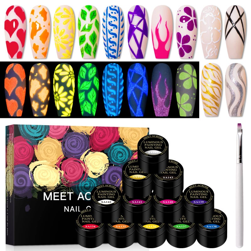 Glow in the Dark Paint for Nail Art Kit 12 Colors Neon Luminous Polish Fluorescent Bright Colors Yellow Green Blue Orange Soak off UV Gel With Glow Effect