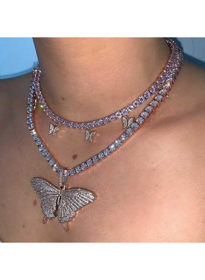 EARENT Layered Rhinestone Butterfly Pendant Necklace Jewelry Silver Sparkly Crystal Prom Choker Necklaces Chain For Women (B2 Layer Necklace) - Image 2