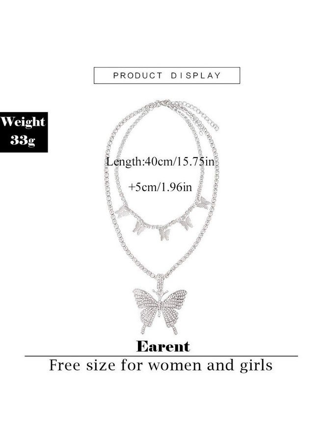 EARENT Layered Rhinestone Butterfly Pendant Necklace Jewelry Silver Sparkly Crystal Prom Choker Necklaces Chain For Women (B2 Layer Necklace) - Image 3