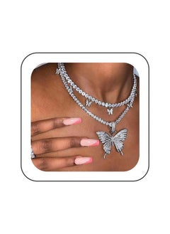EARENT Layered Rhinestone Butterfly Pendant Necklace Jewelry Silver Sparkly Crystal Prom Choker Necklaces Chain For Women (B2 Layer Necklace)  - Image 1
