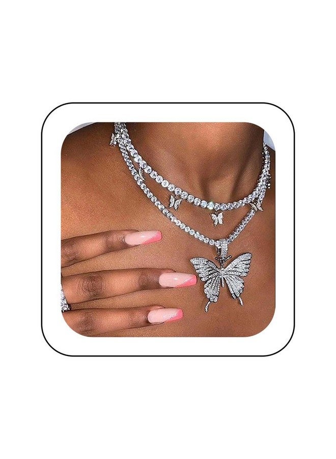EARENT Layered Rhinestone Butterfly Pendant Necklace Jewelry Silver Sparkly Crystal Prom Choker Necklaces Chain For Women (B2 Layer Necklace) - Image 1