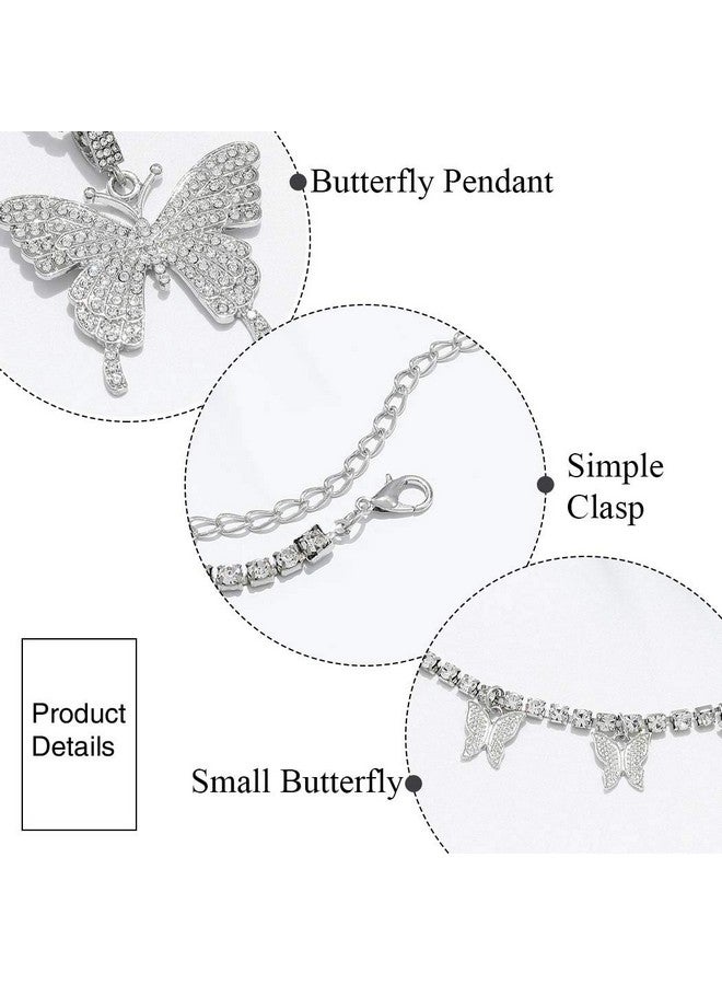EARENT Layered Rhinestone Butterfly Pendant Necklace Jewelry Silver Sparkly Crystal Prom Choker Necklaces Chain For Women (B2 Layer Necklace) - Image 4