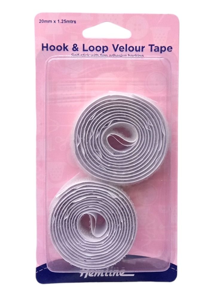 Hemline 1.25 Meter Hook And Loop Velour Tape Self Stick With Firm Adhesive Backing White Color 20 Millimeter - Image 1