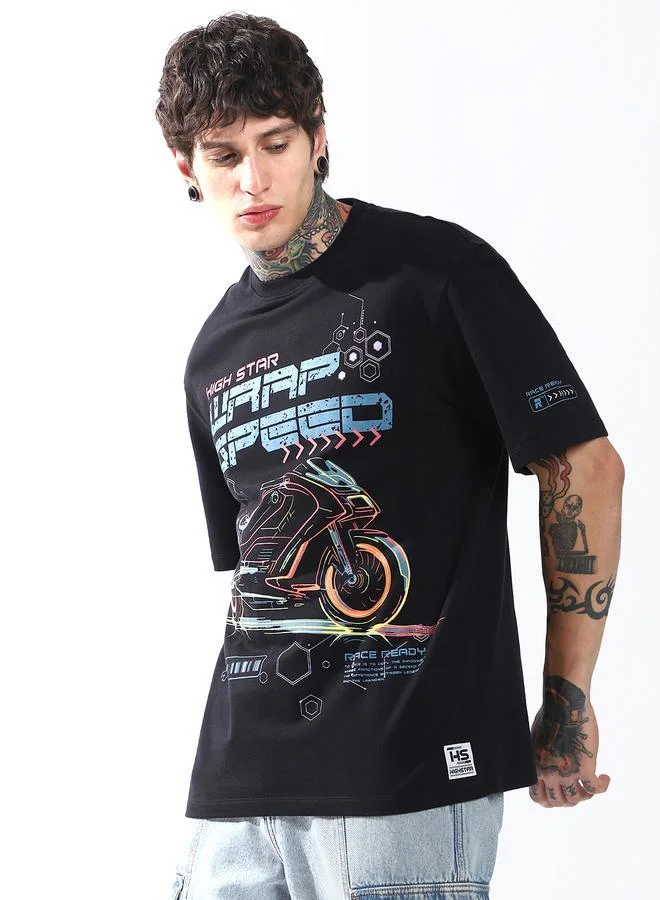 HIGH STAR Moto Racer Graphic Printed Round Neck Short Sleeves Relaxed Fit Cotton T-shirt