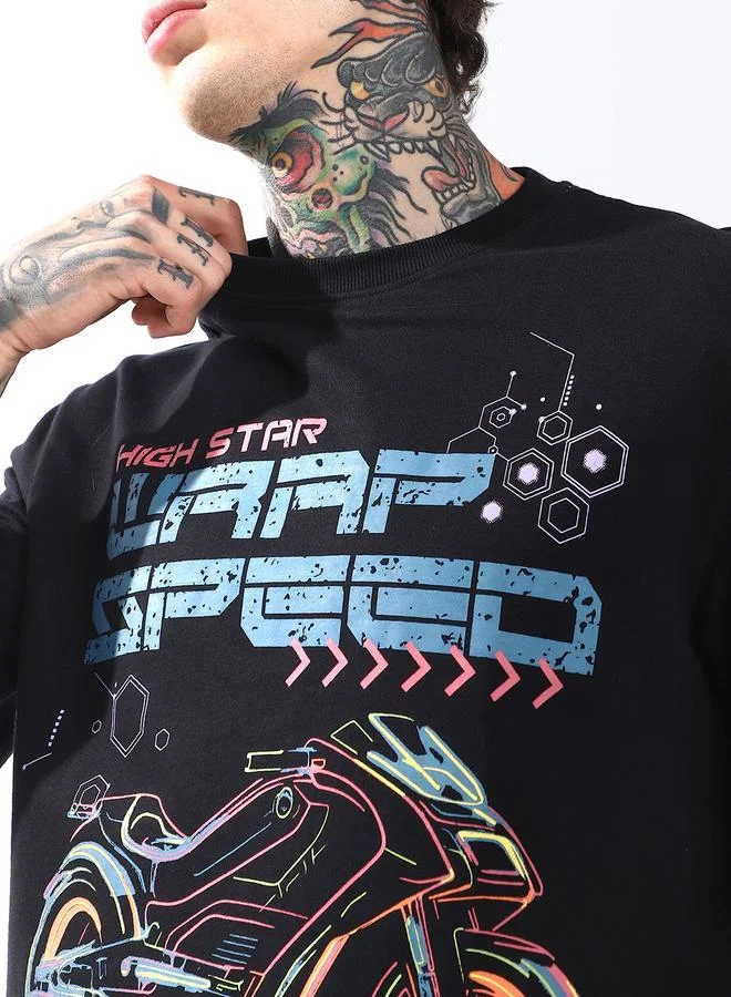 HIGH STAR Moto Racer Graphic Printed Round Neck Short Sleeves Relaxed Fit Cotton T-shirt