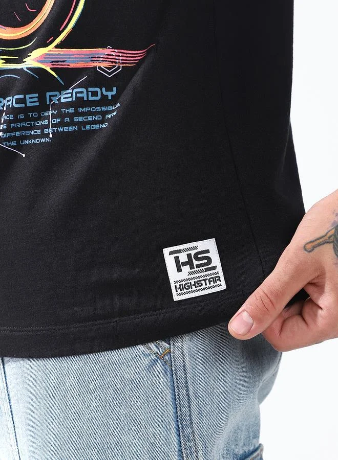 HIGH STAR Moto Racer Graphic Printed Round Neck Short Sleeves Relaxed Fit Cotton T-shirt