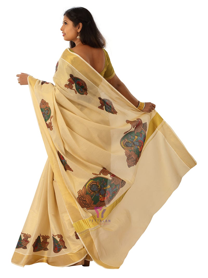 YETTALAN® Women’s Mural Printed Kerala Gold Tissue Saree with Running Blouse (Krishna In Shell) - Image 2