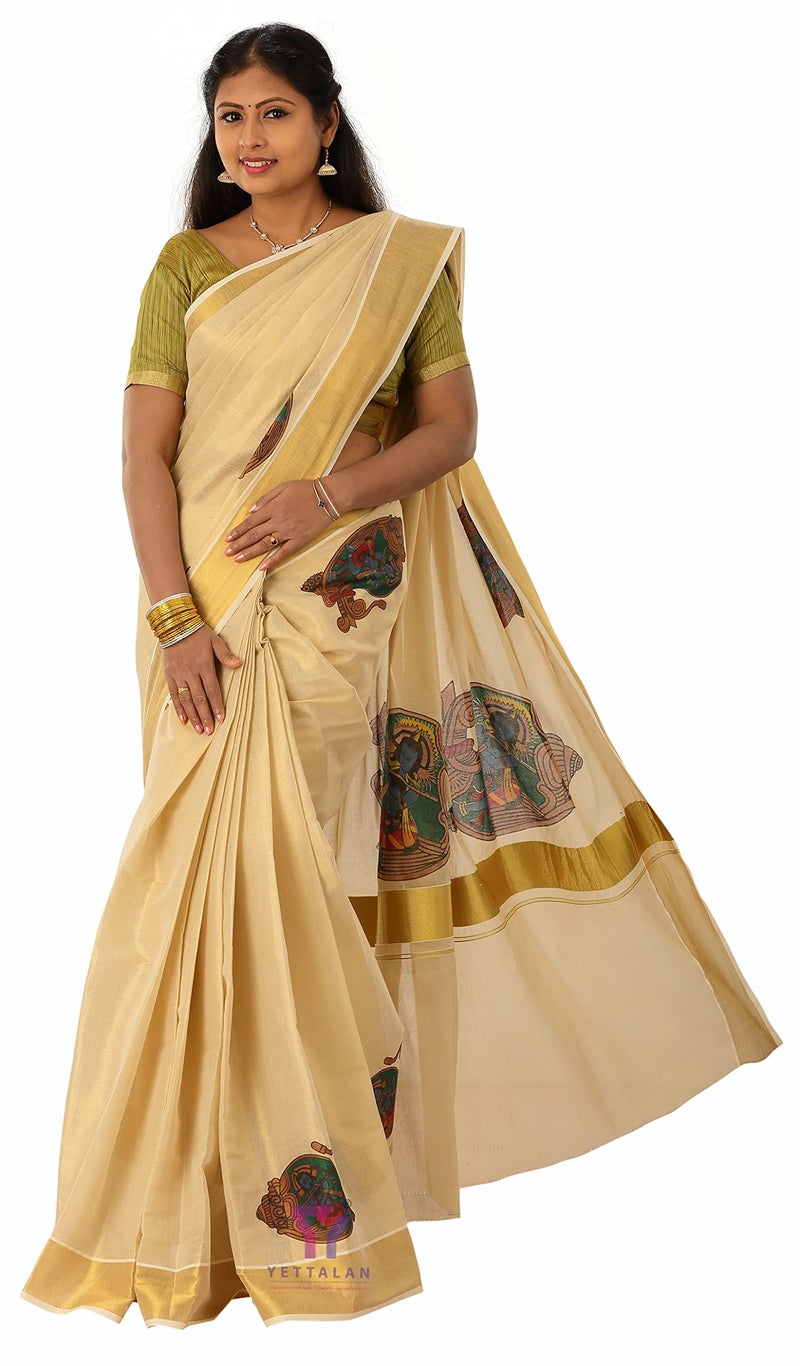 YETTALAN® Women’s Mural Printed Kerala Gold Tissue Saree with Running Blouse (Krishna In Shell) - Image 3