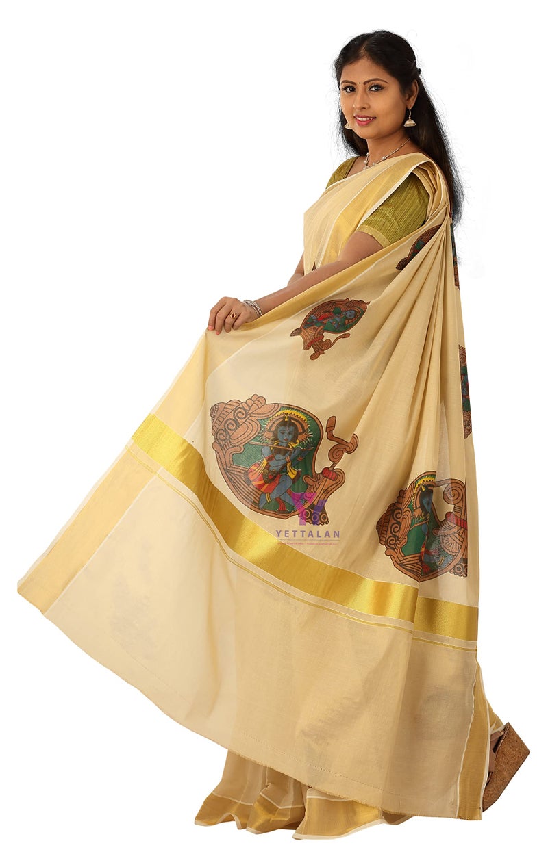 YETTALAN® Women’s Mural Printed Kerala Gold Tissue Saree with Running Blouse (Krishna In Shell) - Image 1