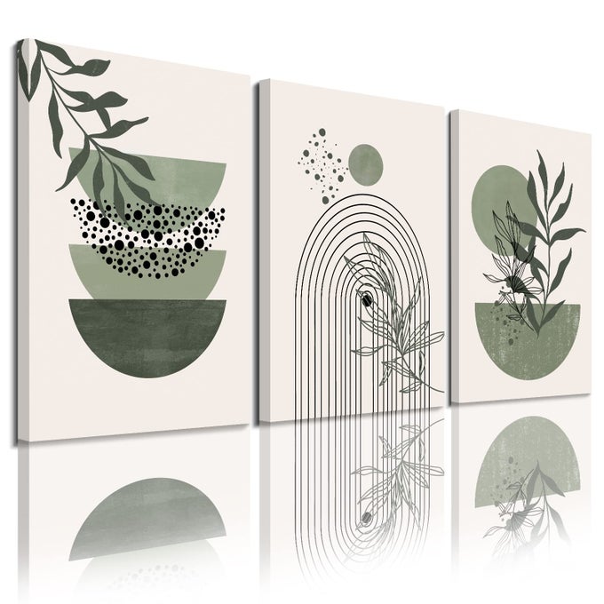 SAGE GREEN WALL POSTERS PRINTS GREEN BOHO WALL ART SET OF 3 MINIMALIST FRAMED WALL ART GEOMETRIC LINE LEAF SUN MOON BEIGE GREEN CANVAS ARTWORK PAINTINGS