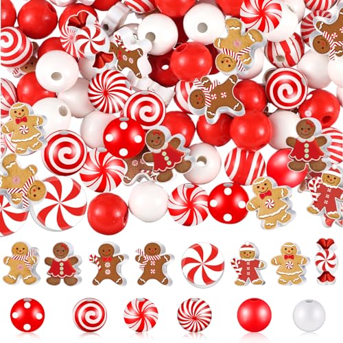 Misdary 200 Pcs Christmas Beads for Crafts Wooden Christmas Beads Red and White Peppermint Candy Gingerbread for Jewelry Making Holiday DIY Garland Party Tree Hanging Home