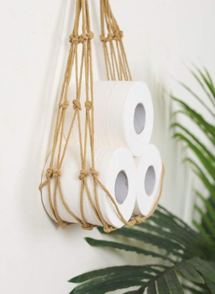 SYOSI Hanging Toilet Paper Holder Wall Mounted Woven Roll Paper Storage Bag Boho Toilet Paper Holder Book Magazine Newspaper Notebook Toilet Paper Storage String Bag for Bedroom Bathroom Living Room  - Image 2