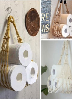 SYOSI Hanging Toilet Paper Holder Wall Mounted Woven Roll Paper Storage Bag Boho Toilet Paper Holder Book Magazine Newspaper Notebook Toilet Paper Storage String Bag for Bedroom Bathroom Living Room  - Image 4