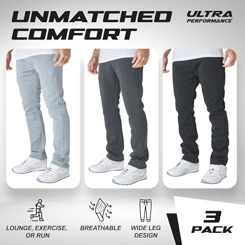 Ultra Performance 3 Pack Mens Fleece Wide Leg Sweatpants with Pockets, Open Bottom Workout Sweatpants for Men - Image 5