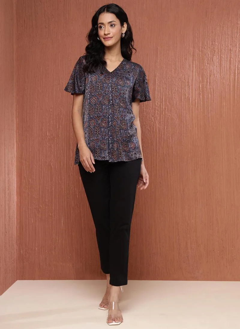 Fabindia Blue Rayon Blend Ajrakh Printed Top
