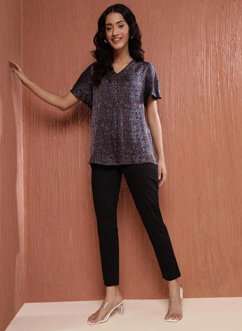 Fabindia Blue Rayon Blend Ajrakh Printed Top