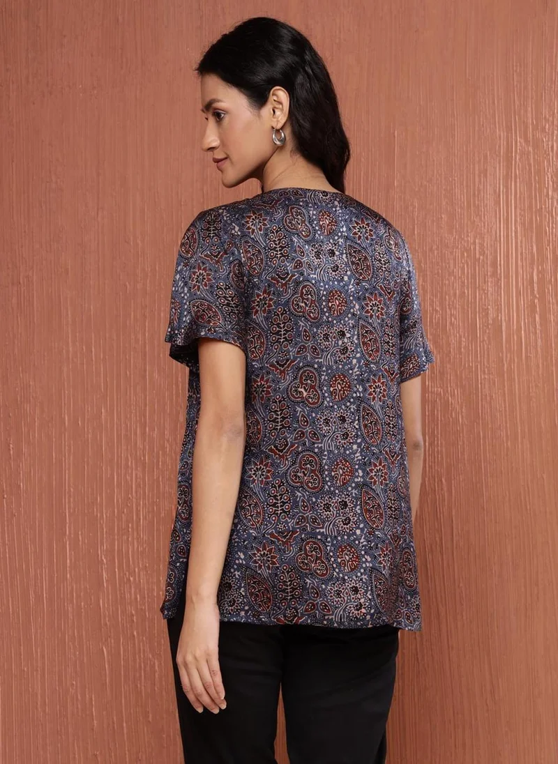 Fabindia Blue Rayon Blend Ajrakh Printed Top