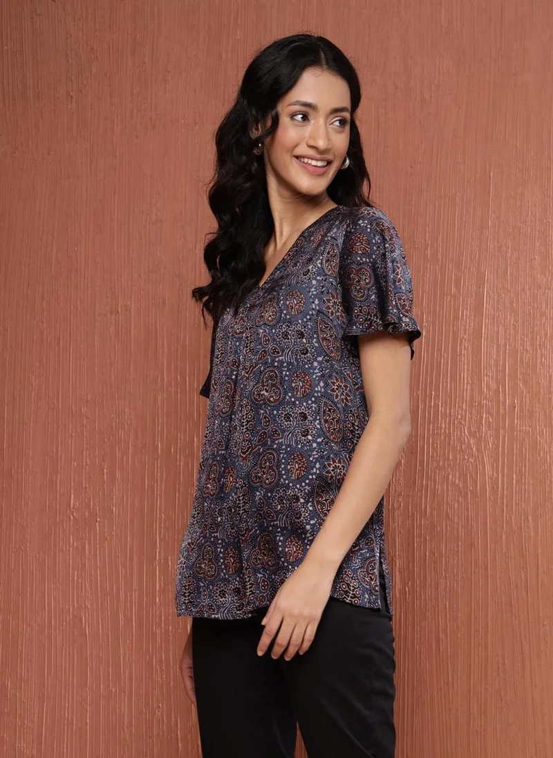 Fabindia Blue Rayon Blend Ajrakh Printed Top