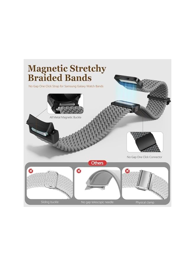One Click Fabric Bands for Samsung Galaxy Watch 7 6 4 5 FE Band 40mm 44mm/Galaxy Watch 6 4 Classic 43mm 47mm 42mm 46mm/Watch 5 Pro 45mm,No Gap Magnetic Elastic Braided Nylon Sport Strap Men Women - Image 2