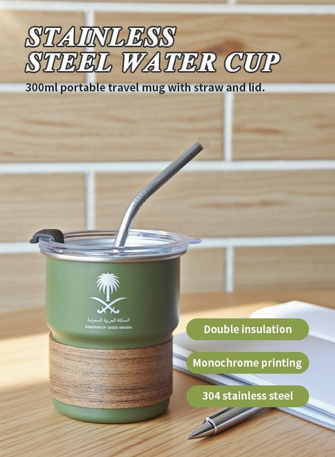 Stainless Steel Coffee Cup, Leak-Proof Coffee Mug with Straw, Lid & Wooden Sleeve, Travel Cold Drink Mug for Home, Office & Outdoor, 300ml - Image 2