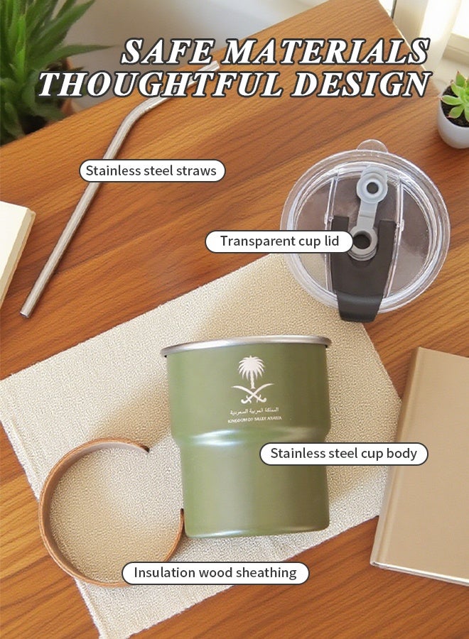 Stainless Steel Coffee Cup, Leak-Proof Coffee Mug with Straw, Lid & Wooden Sleeve, Travel Cold Drink Mug for Home, Office & Outdoor, 300ml - Image 3