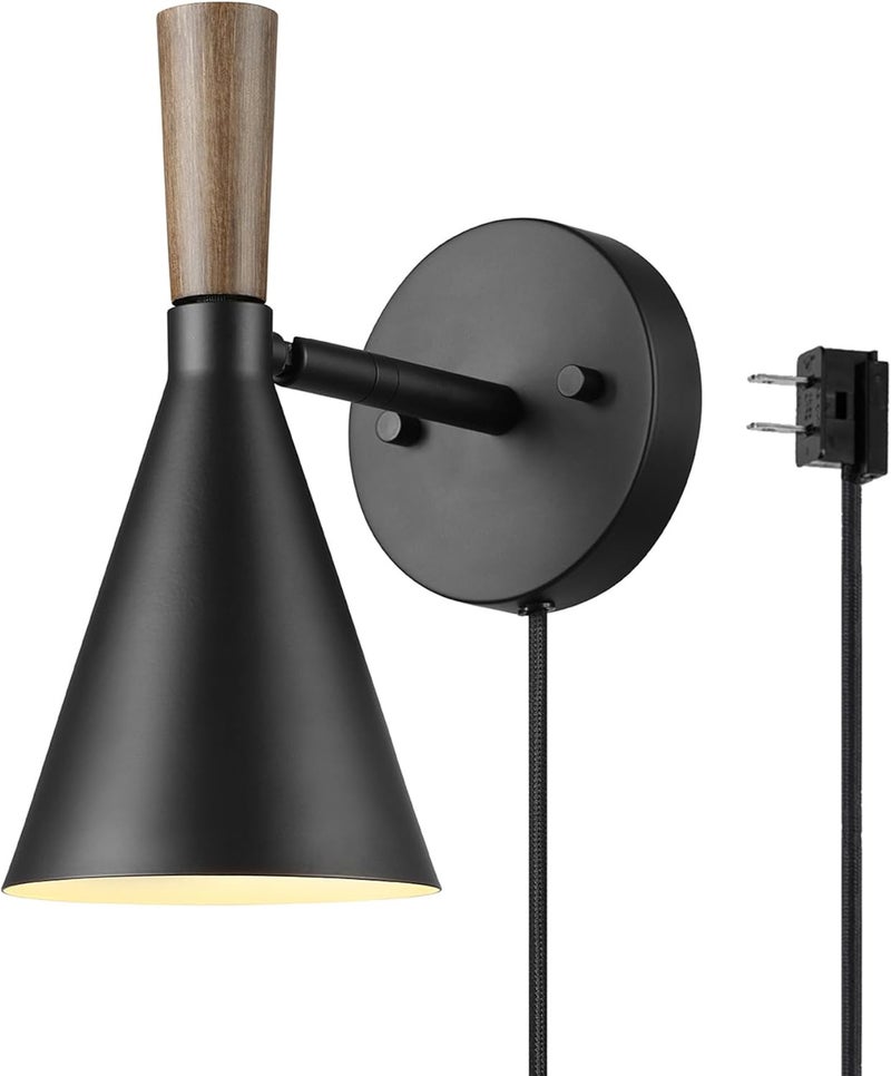 Globe Electric Plug-in or Hardwire Wall Sconce, Matte Black, Wood-Tone Switch, Metal Shade, 6-Foot Cord, 65000101 - Image 1