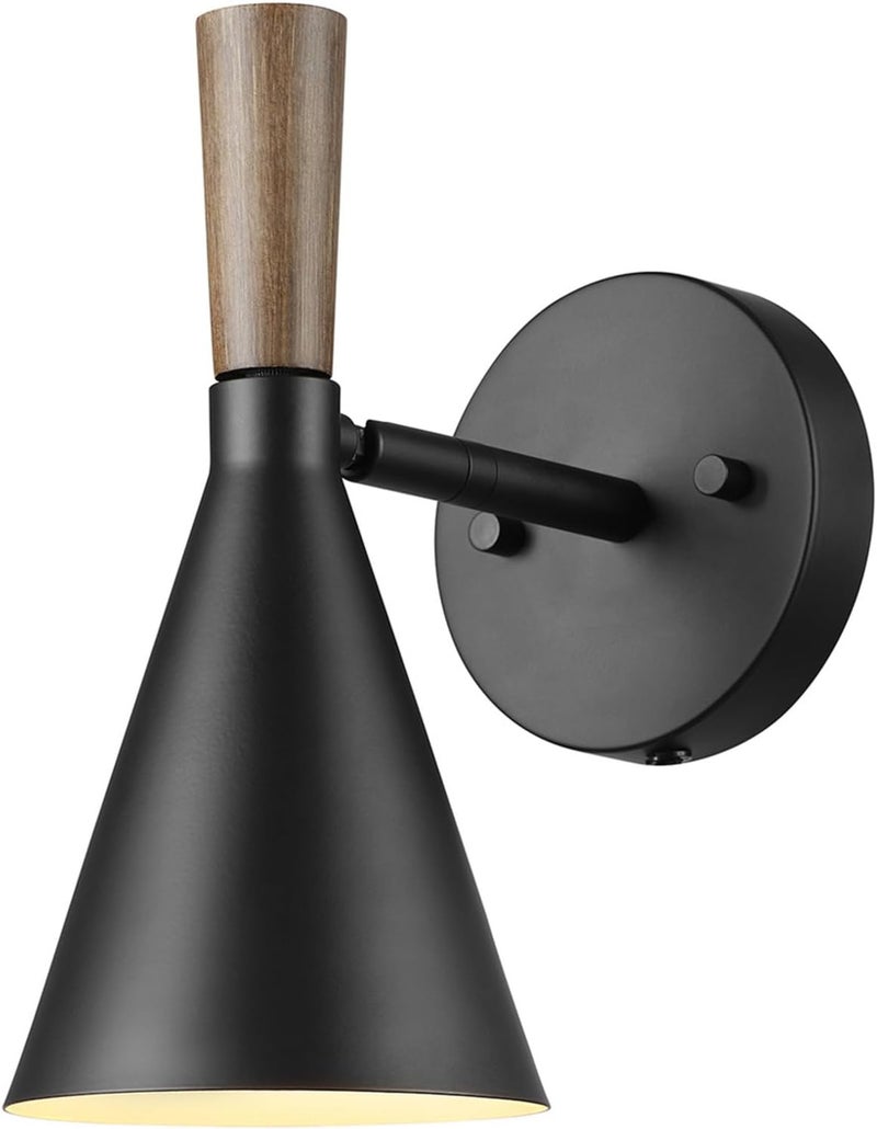 Globe Electric Plug-in or Hardwire Wall Sconce, Matte Black, Wood-Tone Switch, Metal Shade, 6-Foot Cord, 65000101 - Image 4