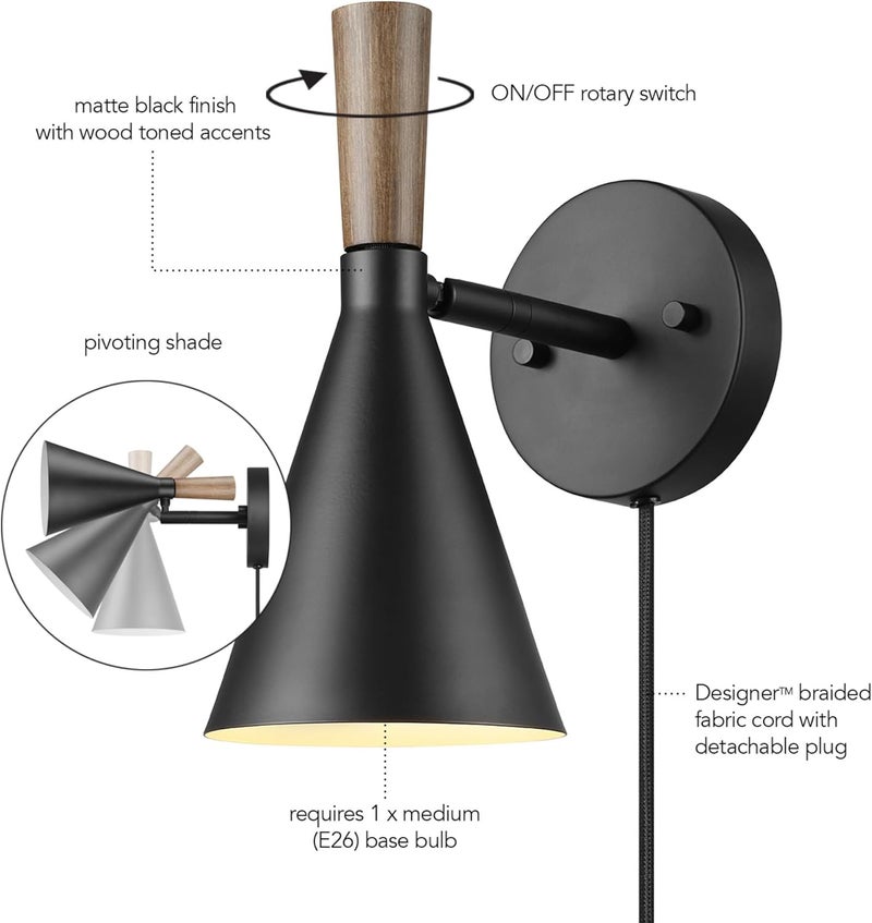 Globe Electric Plug-in or Hardwire Wall Sconce, Matte Black, Wood-Tone Switch, Metal Shade, 6-Foot Cord, 65000101 - Image 5