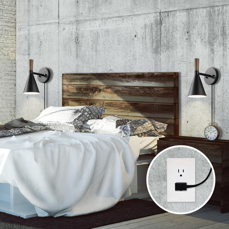 Globe Electric Plug-in or Hardwire Wall Sconce, Matte Black, Wood-Tone Switch, Metal Shade, 6-Foot Cord, 65000101 - Image 2