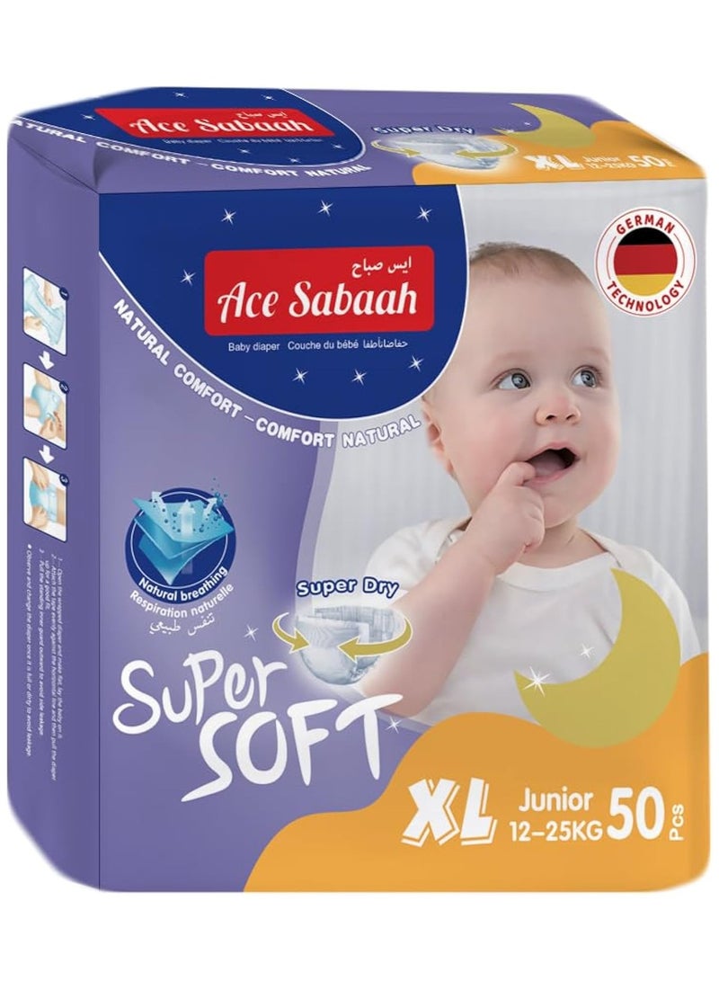 Ace Sabaah Ace Sabaah Baby Super Dry Diaper, Soft Feel, Size 6, XL Junior 12-15Kg, Natural Comfort, Pack Of 1