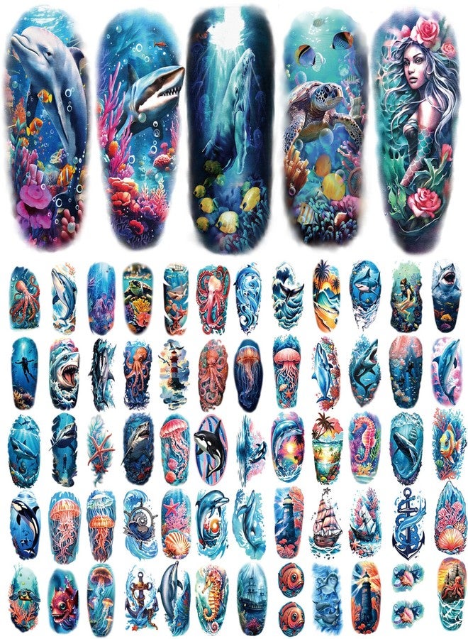 atydkug 77 Sheets Ocean Temporary Tattoos for Men and Women, 17 Half Sleeve Shark Dolphin Jellyfish Turtle Fake Tattoos, 60 Beach Small Tattoos, Realistic Fake Stickers Long Lasting Children Adults - Image 2