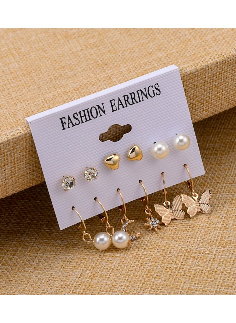 Goolsky أقراط فراشة لؤلؤة القمر والنجوم - مجموعة أقراط متدلية غير متطابقة + أقراط قلب للفتيات، أسلوب لطيف - Image 1