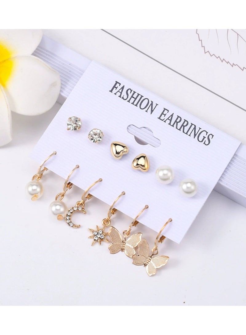 Goolsky أقراط فراشة لؤلؤة القمر والنجوم - مجموعة أقراط متدلية غير متطابقة + أقراط قلب للفتيات، أسلوب لطيف - Image 4