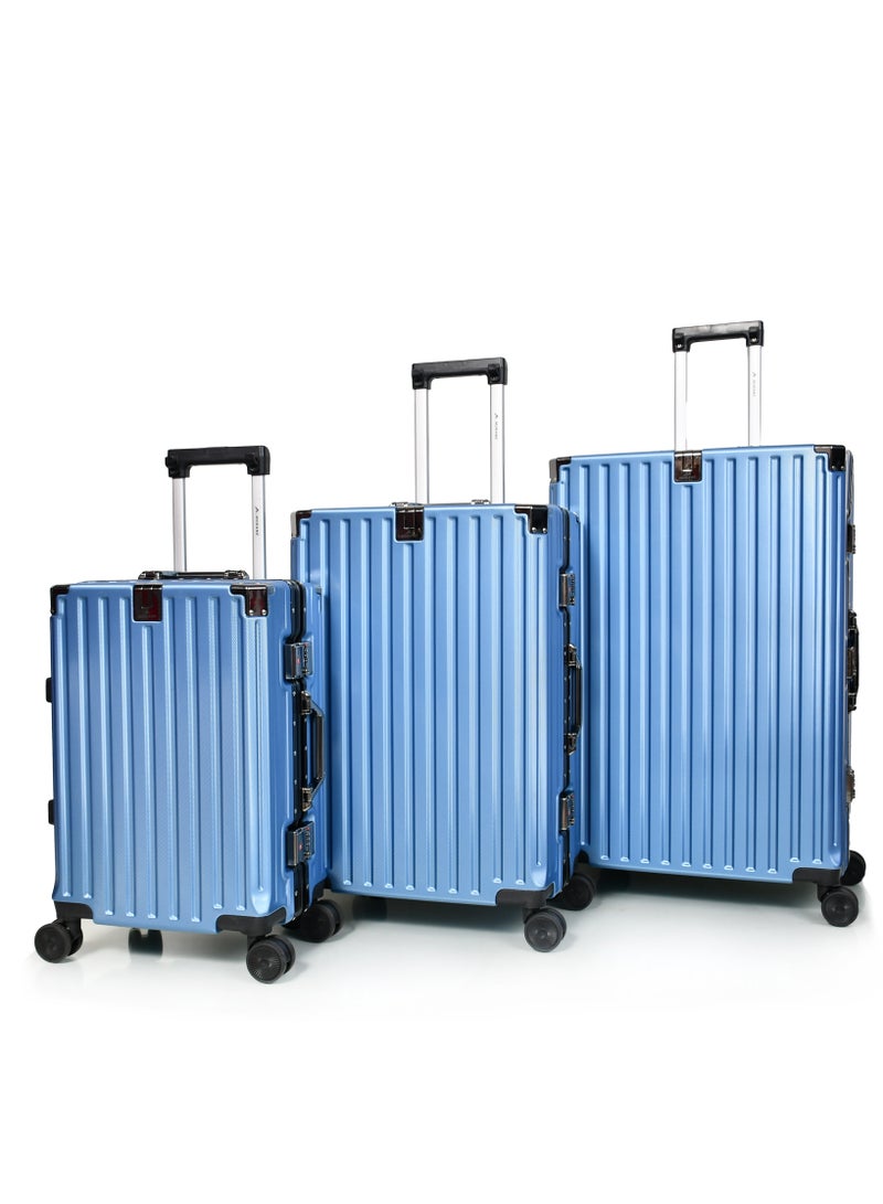 مورانو طقم شنط سفر من مورانو بإطار ألمنيوم بتصميم عصري وأنيق و قفل محكم مرقم للأمان وحامل أكواب وجوال لون أزرق غامق مقاسات: 28''-24''-20'' إنش - Image 1