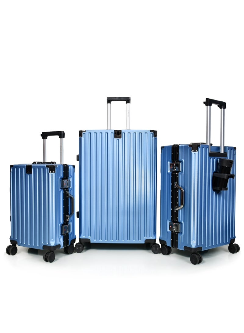 مورانو طقم شنط سفر من مورانو بإطار ألمنيوم بتصميم عصري وأنيق و قفل محكم مرقم للأمان وحامل أكواب وجوال لون أزرق غامق مقاسات: 28''-24''-20'' إنش - Image 2