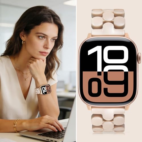 V-MORO Resin Band Compatible with Apple Watch 46mm/45mm/44mm/42mm Women Fashion Dressy Strap Bracelet lightweight Cute Wristband for iWatch Bands Series 11 10 9 8 7 6 5 4 3 2 1 SE2/3-Oatmeal - Image 3