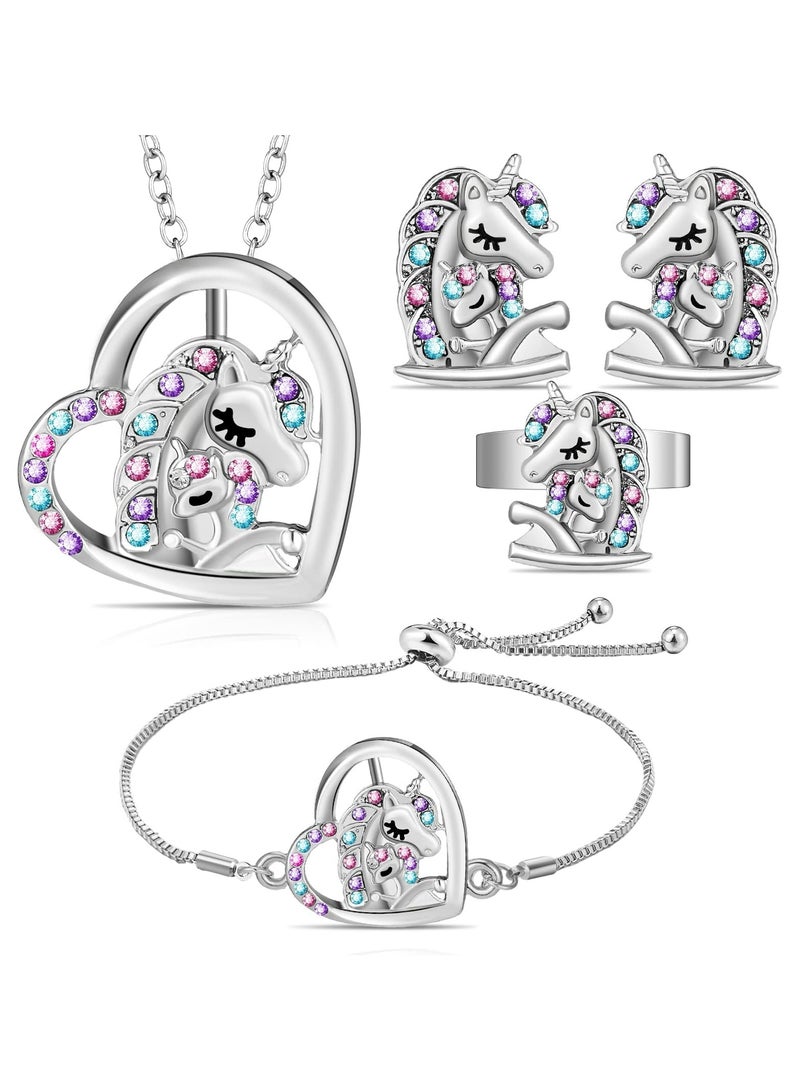 CMGTYYD 4 Pcs Girls Unicorn Jewelry Set Kids Jewelry, Unicorn Necklace Bracelet Ring Stud Earrings Heart Pendant Necklace Sets for Girls, Silver  - Image 1