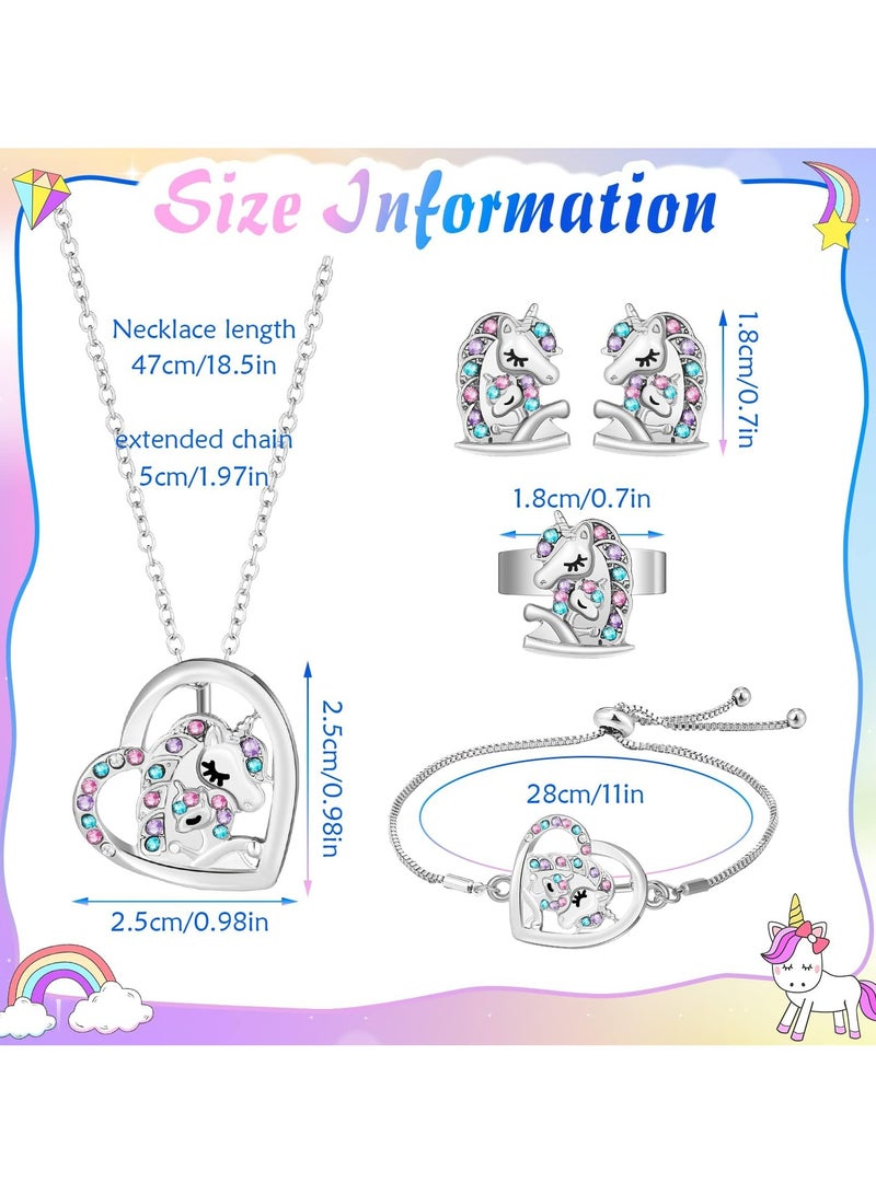 CMGTYYD 4 Pcs Girls Unicorn Jewelry Set Kids Jewelry, Unicorn Necklace Bracelet Ring Stud Earrings Heart Pendant Necklace Sets for Girls, Silver  - Image 4