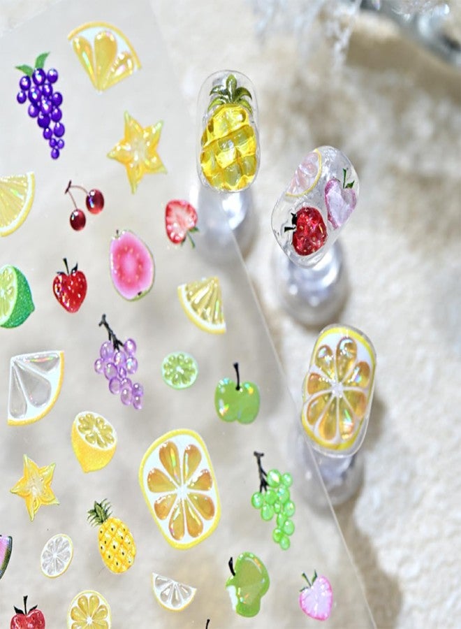 FDSQHSA 1sheets Summer Embossed Nail Stickers for Nail Art 5D Self-Adhesive Strawberry Nail Art Stickers Grape Lemon Apple Cherry Nail Decals Design Summer Fruit Nails Supplies for Women DIY Nail Decoration - Image 4