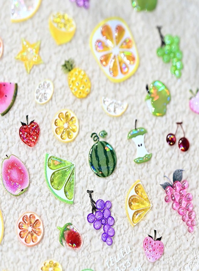 FDSQHSA 1sheets Summer Embossed Nail Stickers for Nail Art 5D Self-Adhesive Strawberry Nail Art Stickers Grape Lemon Apple Cherry Nail Decals Design Summer Fruit Nails Supplies for Women DIY Nail Decoration - Image 1