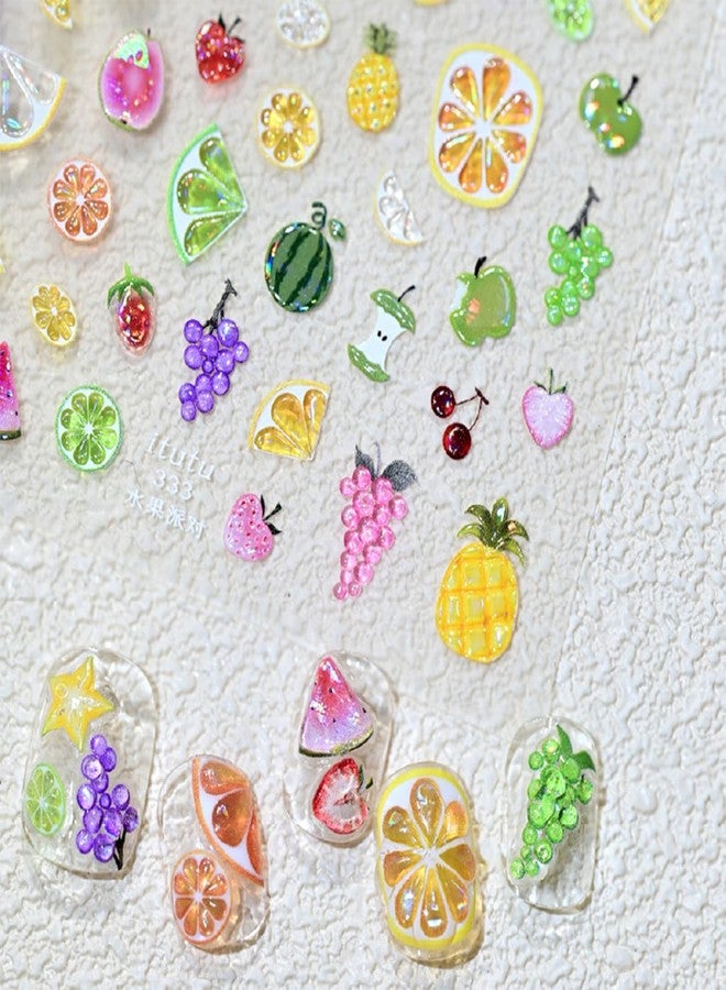 FDSQHSA 1sheets Summer Embossed Nail Stickers for Nail Art 5D Self-Adhesive Strawberry Nail Art Stickers Grape Lemon Apple Cherry Nail Decals Design Summer Fruit Nails Supplies for Women DIY Nail Decoration - Image 5