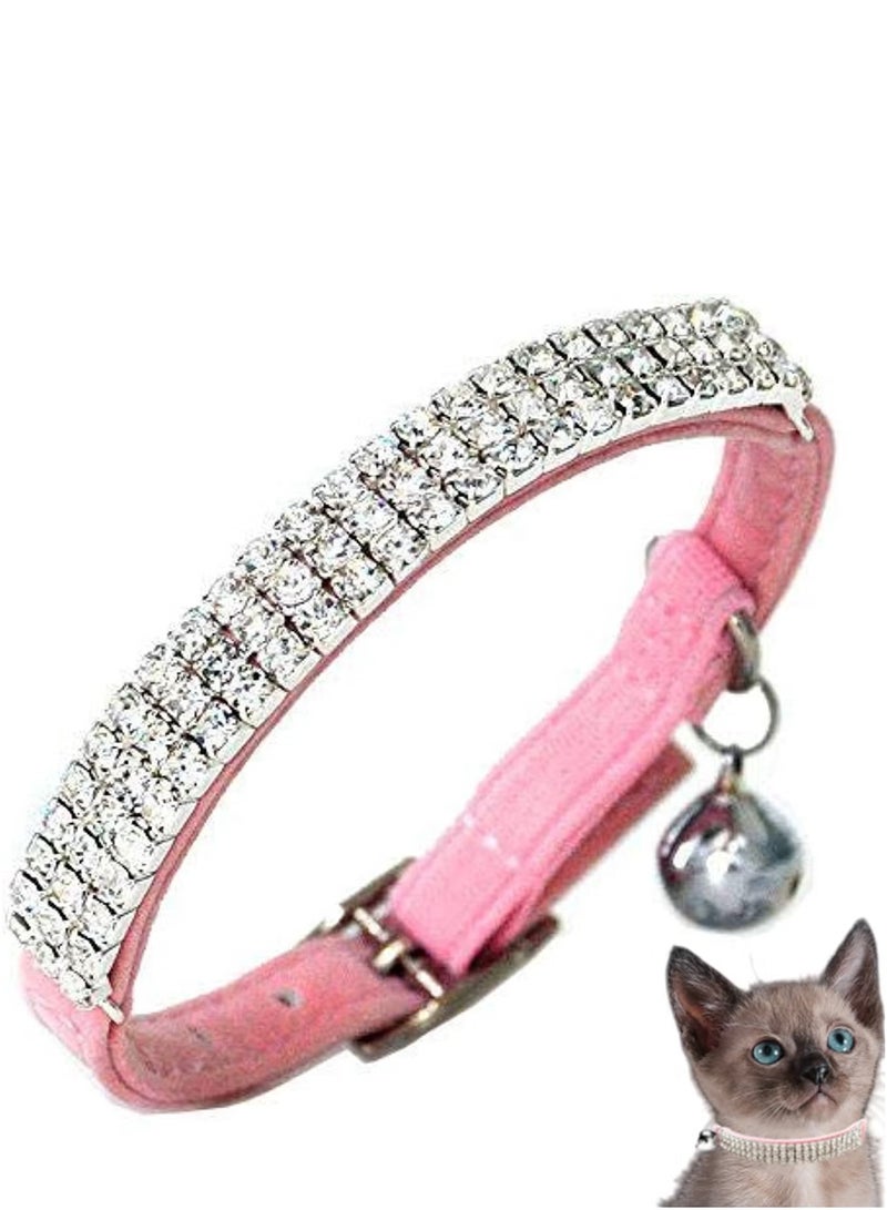 Adjustable Cat Collar Small Dog Anti-suffocation Collar with Bell Rhinestone Soft Velvet Pet Cat or Small Dog Necklace Blue - Image 1