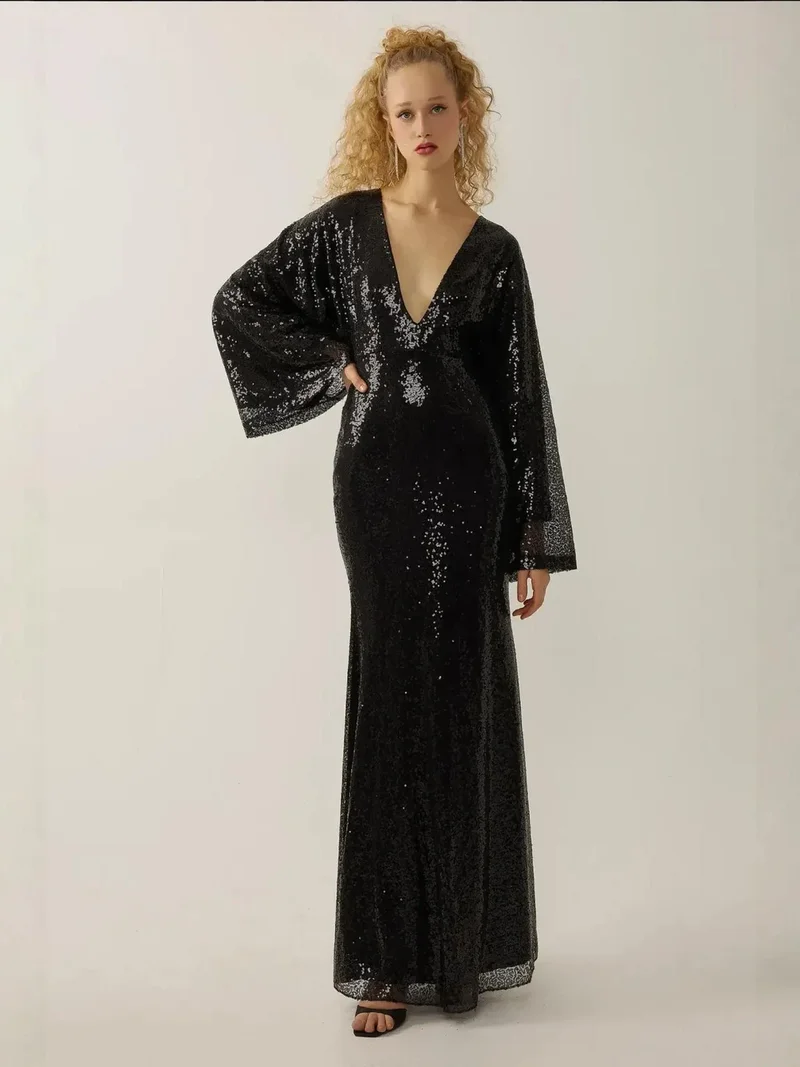 HICCUP Black Sequin V-Neck Angel Sleeve Maxi Dress for Women | Best Price UAE